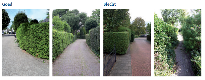 Overhangend groen voorbeelden van een heg die over de stoep hangt en een slecht onderhouden heg.